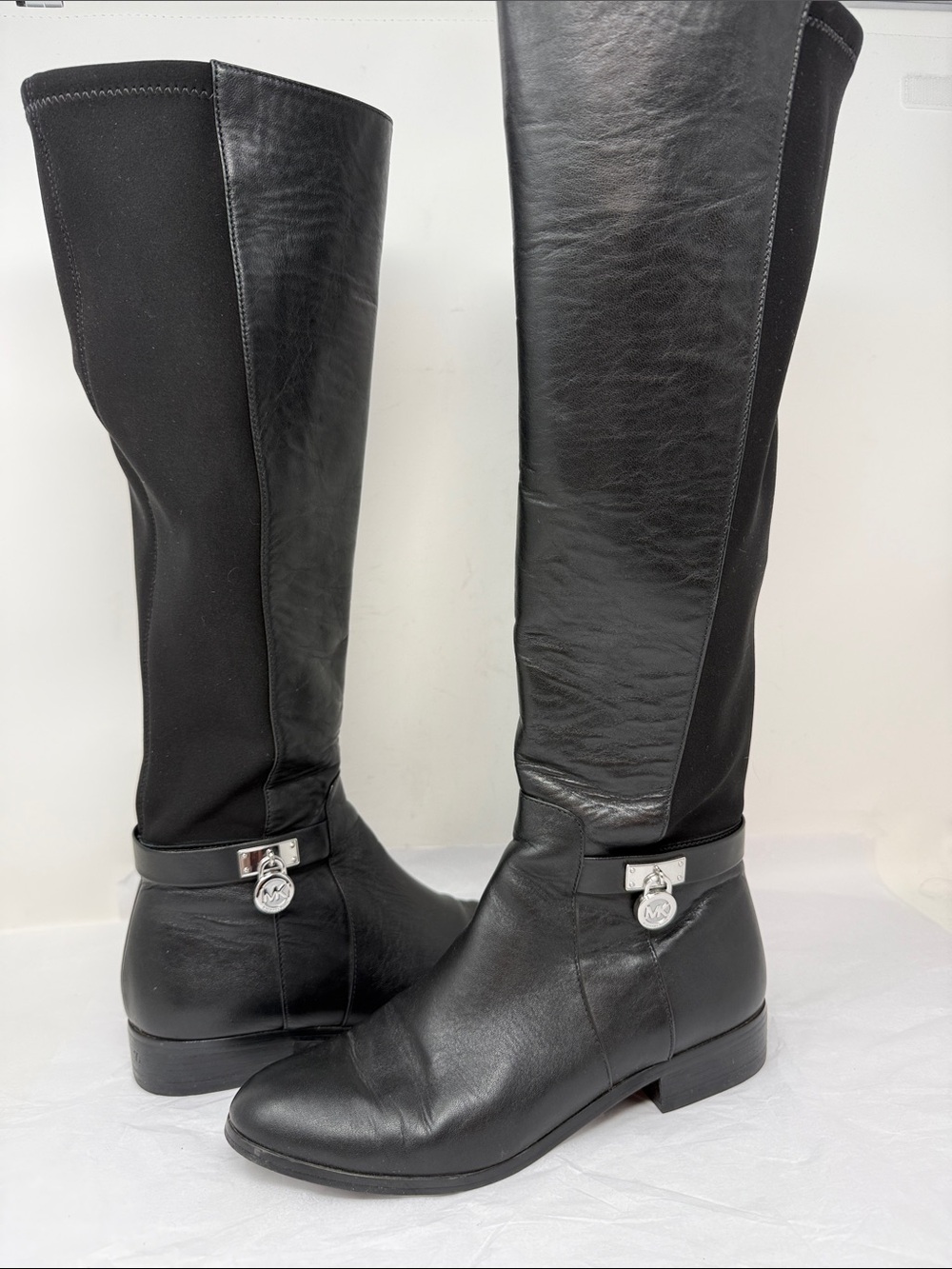Michael Michael Kors Hamilton Black Leather Tall Riding Boots MK Logo Lock 7